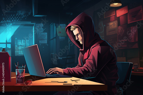 flat character sitting in front of a desk with a laptop on it. writing code | Generative Ai