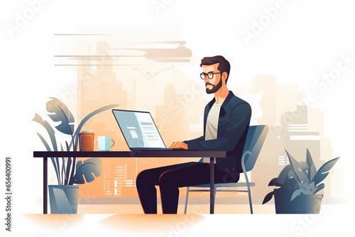 flat character sitting in front of a desk with a laptop on it. writing code | Generative Ai