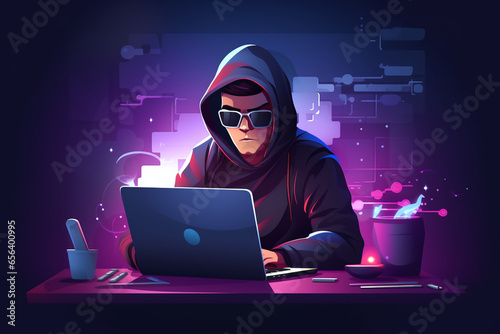 flat character sitting in front of a desk with a laptop on it. writing code | Generative Ai