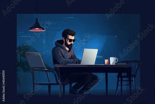 flat character sitting in front of a desk with a laptop on it. writing code | Generative Ai