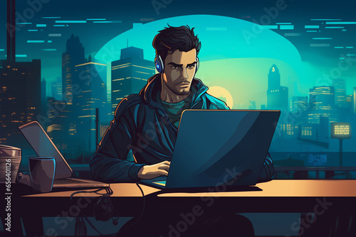 flat character sitting in front of a desk with a laptop on it. writing code | Generative Ai