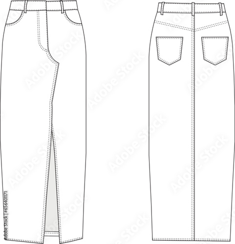 Long Maxi Denim Skirt Template Flat Sketches, Fashion Technical Drawings, Jeans Technical Drawing,Fashion Templates, Denim Pattern, Fashion Cad Drawing, Mini Skirt Flat Sketch, Fashion Templates, 