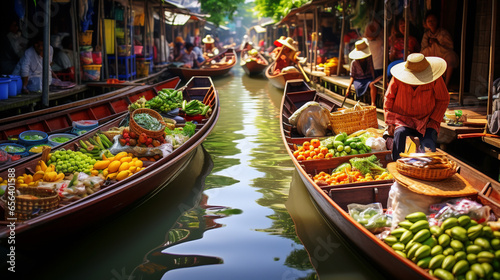 Floating market in Asia, boats with goods. ai generative © Oleksandr