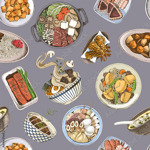 Japan food seamless pattern top view