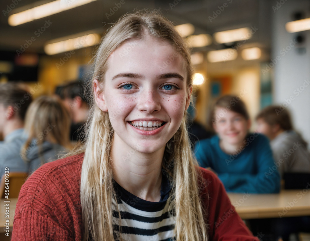 photo of happy girl teenager in canteen school, generative AI photo of happy girl teenager in canteen school, generative AI