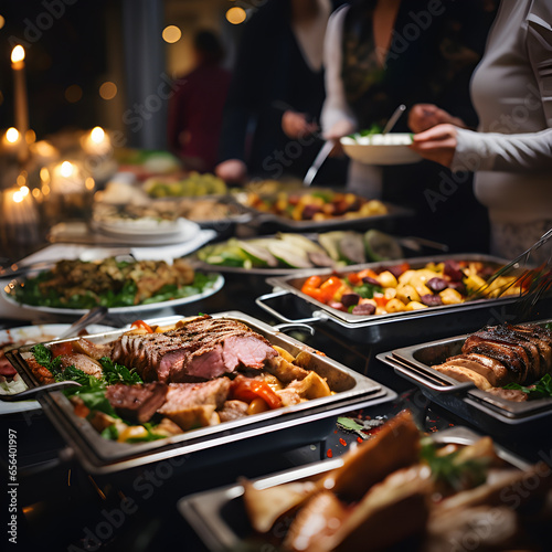 Buffet service for any festive event  party or wedding reception  fancy clothes. Generative AI.