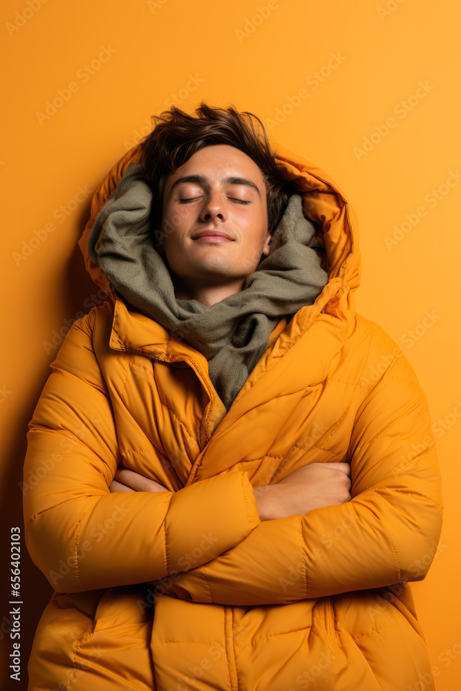 Person sleeping with a heating pad while fighting autumn cold isolated