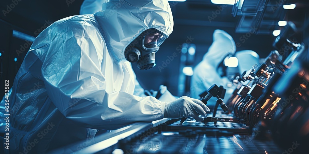 A man in a protective suit working on a machine. Workers in protective wear in industrial manufacturing cleanroom environment. A man in a protective suit working on a machine. Workers in protective wear in industrial manufacturing cleanroom environment.