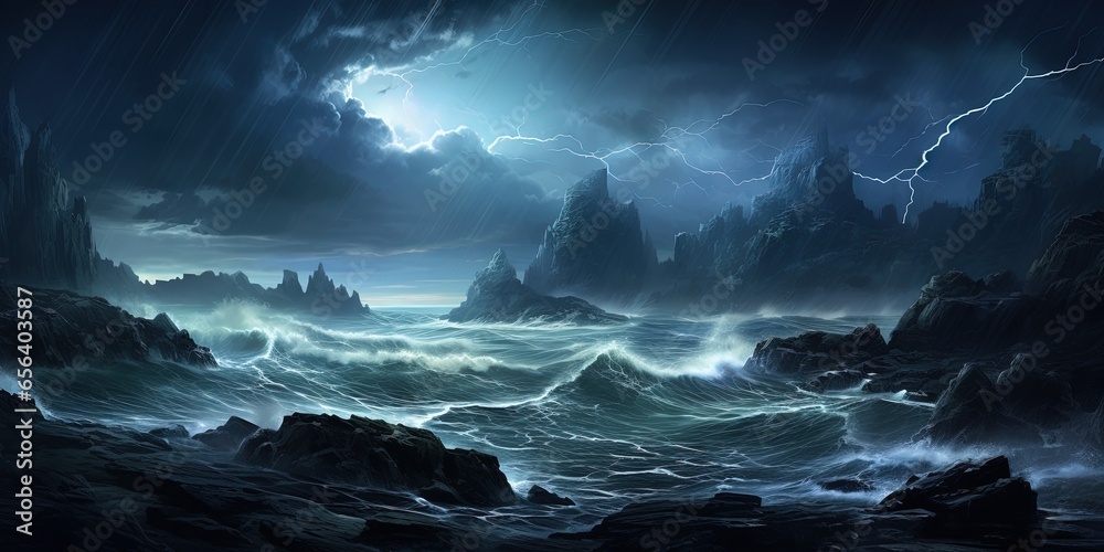 A rocky coast during a thunderstorm, lightning striking the sea and illuminating the frothy waves. - obrazy, fototapety, plakaty 