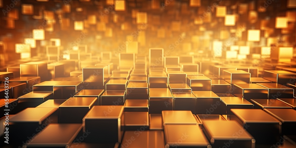 Abstract geometric metallic gold 3d texture wall with squares and square cubes background banner illustration with glowing lights, textured metal Abstract geometric metallic gold 3d texture wall with squares and square cubes background banner illustration with glowing lights, textured metal