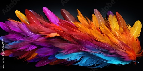 Abstract feather banner panorama wallpaper - Colorful rainbow colors colored feathers, isolated on black background photo