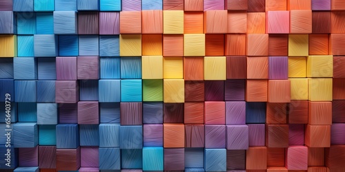 Abstract geometric rainbow colors colored 3d wooden square cubes texture wall background banner illustration panorama long, textured wood wallpaper