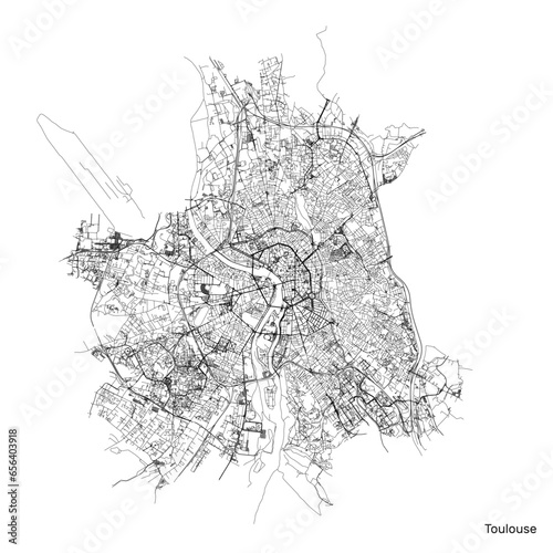 Toulouse city map with roads and streets, France. Vector outline illustration.