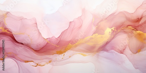Abstract watercolor paint background illustration - Soft pastel pink blue color and golden lines, with liquid fluid marbled paper texture