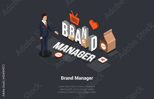 Brand Manager Concept. Trendwatching Social Media Network Marketing Team Work on Personal Brand, Creating Corporate Identity, Employers Working on Branding Design. Isometric 3D Vector Illustration