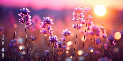Beautiful colorful meadow of wild flowers floral background, landscape with purple pink flowers with sunset and blurred background. Soft pastel Magical nature copy space