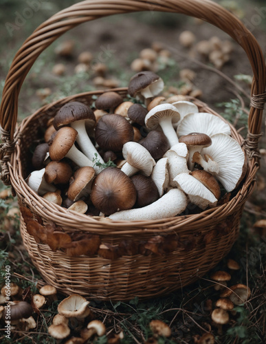Mushrooms in a wicker basket on a background of grass