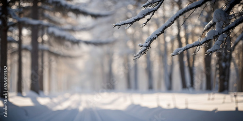 Beautiful snow winter background with warm light in the morning, blurry light and beautiful bokeh
