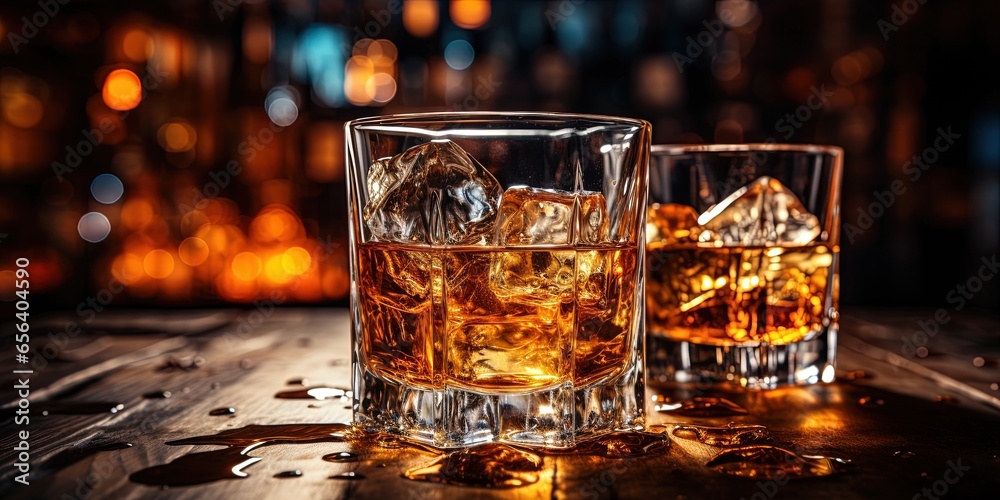 Classic alcohol whiskey scotch drink in glass with ice cubes at bar pub. Night club background decoration mock up Classic alcohol whiskey scotch drink in glass with ice cubes at bar pub. Night club background decoration mock up