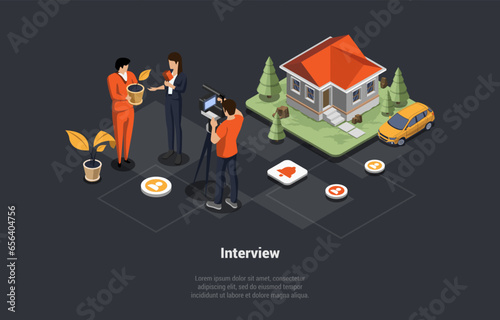Interview, Broadcasting, Communication And Brief News Concept. Woman Journalist Interviews Well-Known Media Personality. Cameraman With Camera Recording Reportage. Isometric 3d Vector Illustration