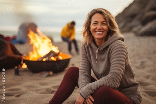 Portrait of smiling woman sitting by bonfire on beach in autumn © igolaizola