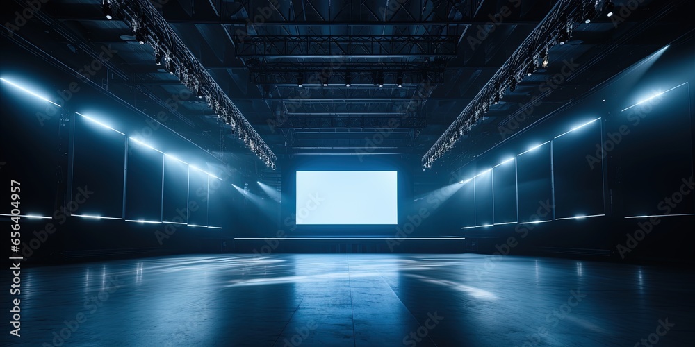 Empty stage for event or business conference with big blank screen mockup. Screen aspect ratio is 16: 9. Modern convention hall for presentation or concert template.