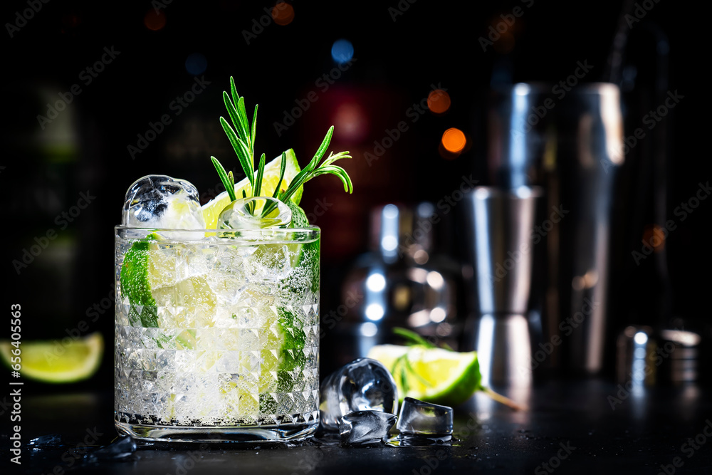 Gin fizz cocktail drink with dry gin, lime juice, sugar syrup, soda, fresh rosemary and ice