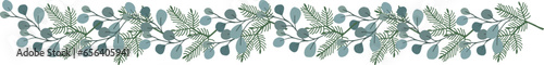 Christmas festive evergreen garland made of  eucalyptus and fir tree branches. Hand drawn vector illustration background. Isolated elegant green floral frame, banner for greeting card, web.