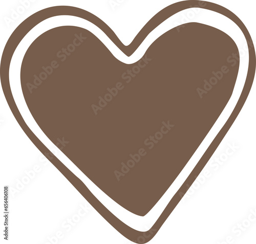 Heart shaped gingerbread cookie isolated on background. Christmas pastry covered by white sugar icing. Vector illustration object, clipart. Traditional winter sweet food. Love concept. Hand drawn icon