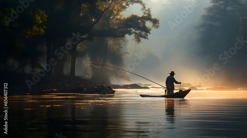 Fisherman Casting His Net in a River Early Morning