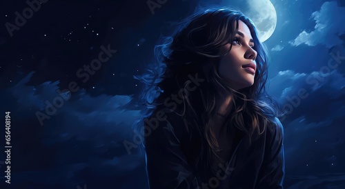 Beautiful woman looking at the night starry sky