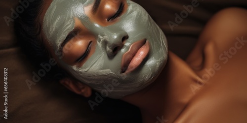 Woman with clay beauty mask smiling. Clay beauty mask. photo