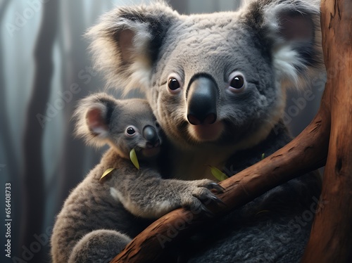 Koala mother with her baby on eucalyptus tree