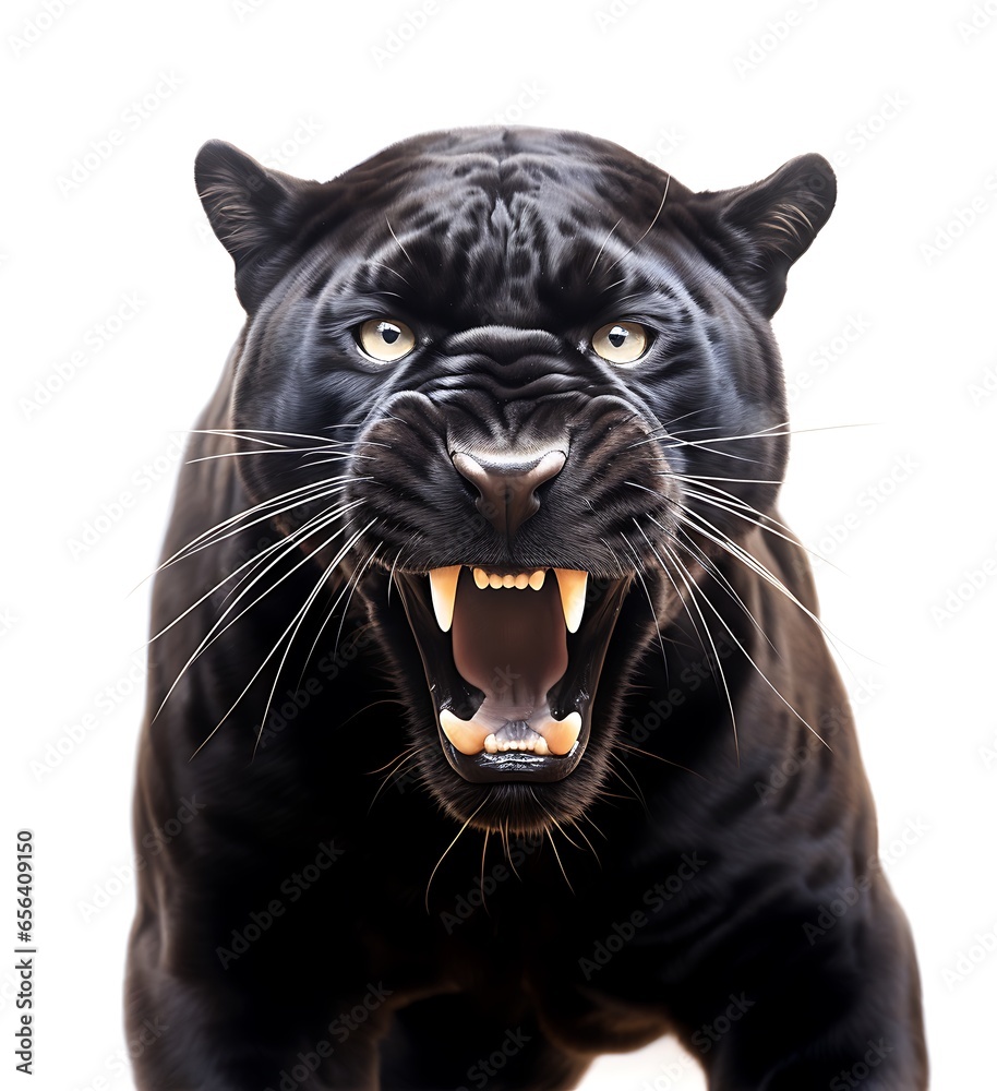 Black panther isolated on a white background. Close-up. Black panther isolated on a white background. Close-up.