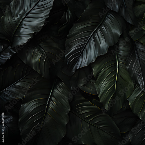 Textures of black leaves for tropical leaf background. Flat lay, dark nature concept. Generative AI.