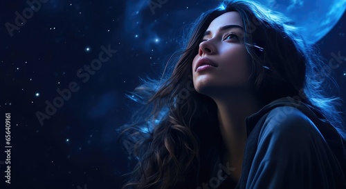 Beautiful woman looking at the night starry sky