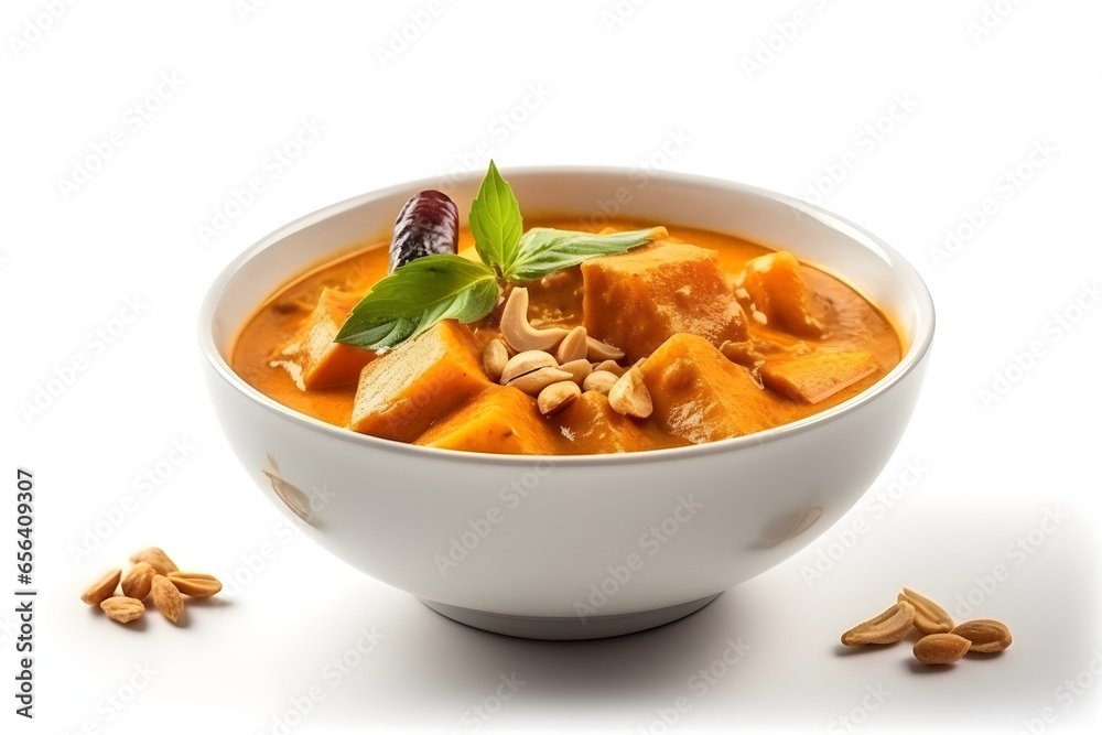 Massaman curry in a bowl on white background, food photography, product presentation, product display, banner background Massaman curry in a bowl on white background, food photography, product presentation, product display, banner background