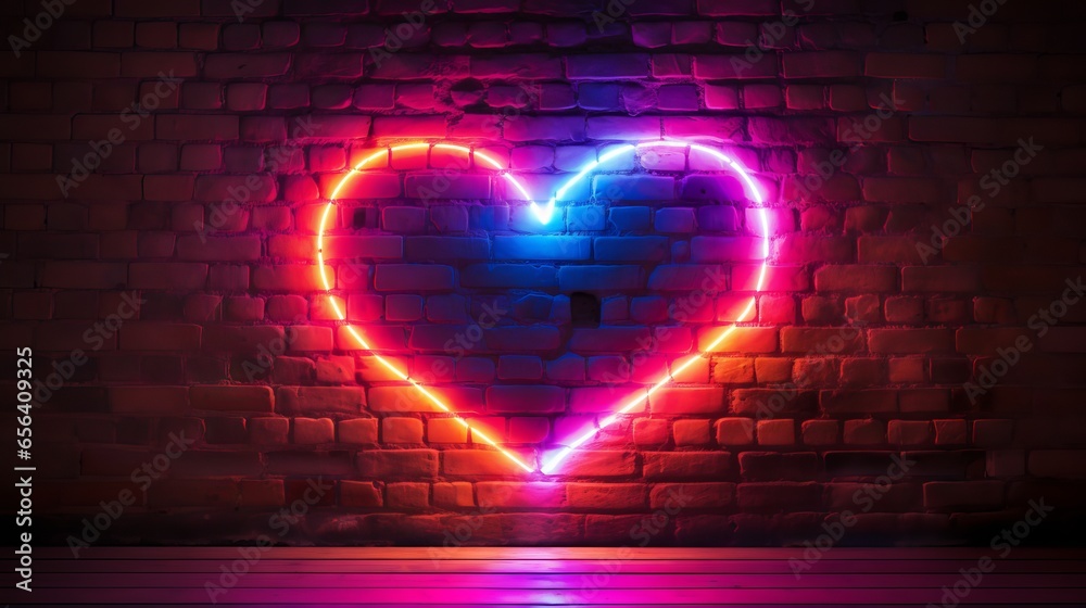 Vibrant neon heart illuminating a rustic brick wall - a symbol of love and romance for urban valentine’s day celebrations - obrazy, fototapety, plakaty 