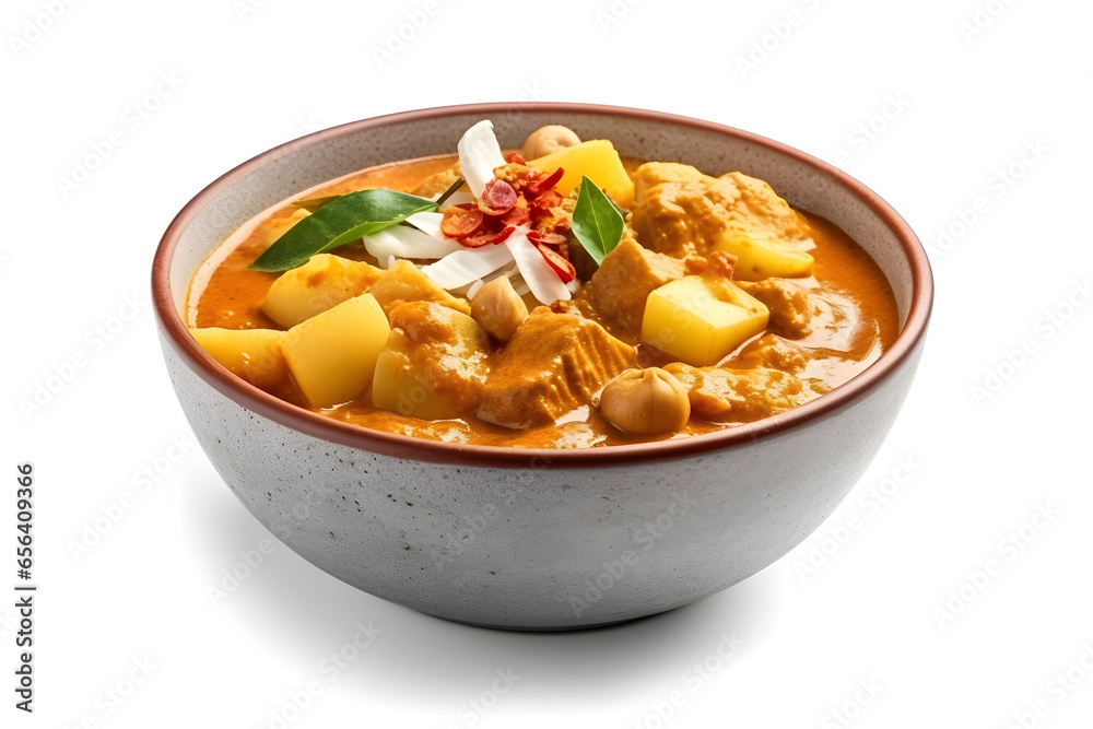 Massaman curry in a bowl on white background, food photography, product presentation, product display, banner background Massaman curry in a bowl on white background, food photography, product presentation, product display, banner background