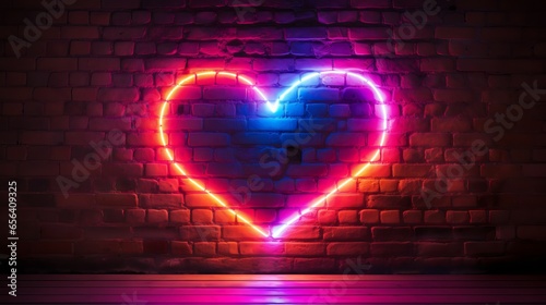 Vibrant neon heart illuminating a rustic brick wall - a symbol of love and romance for urban valentine’s day celebrations photo