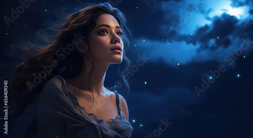 Beautiful woman looking at the night starry sky