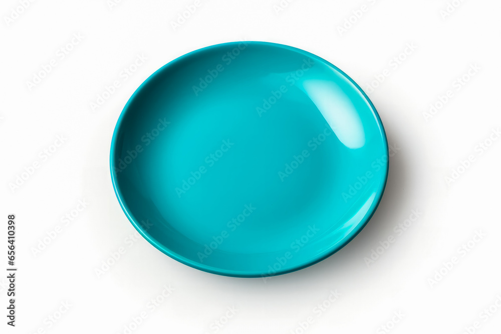 A bright turquoise minimalist plate with a sleek design isolated on a white background A bright turquoise minimalist plate with a sleek design isolated on a white background