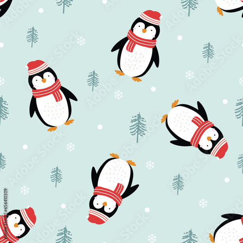 Seamless Christmas pattern with penguins on blue background Hand drawn design in cartoon style. Used for decoration, celebration wallpaper, fabric, textile Vector Illustration