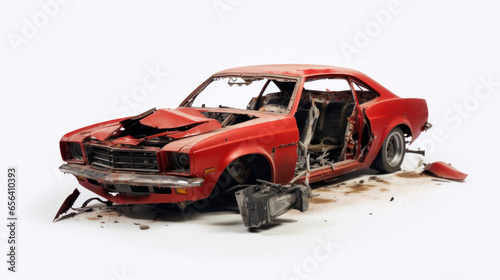 Completely Wrecked Red Car After a Devastating Crash Against a White Background, Total Destruction Captured in Frame.