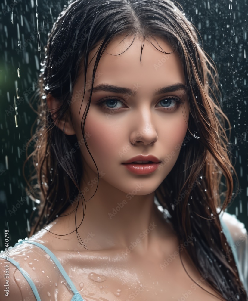 portrait of a gorgeous girl in the rain