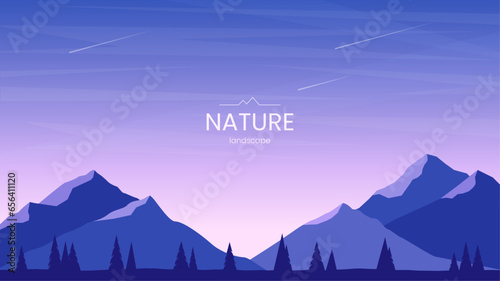 Vector background. Minimalistic flat style. Mountains, rocks and trees in the evening twilight. Sky in bright colors. Tourism concept. Banner, background, wallpaper, web page, postcard design.