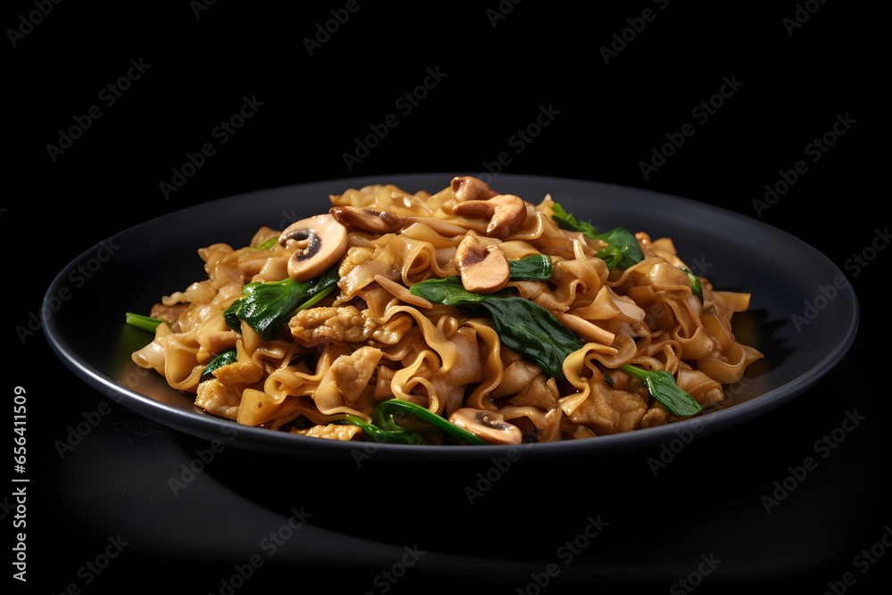 Pad see ew on a black background, food photography, product presentation, product display, banner background
