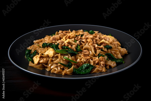 Pad see ew on a black background, food photography, product presentation, product display, banner background