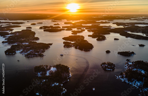 Fotografija Spectacular drone view of the Swedish archipelago landscape, boat and islands, S