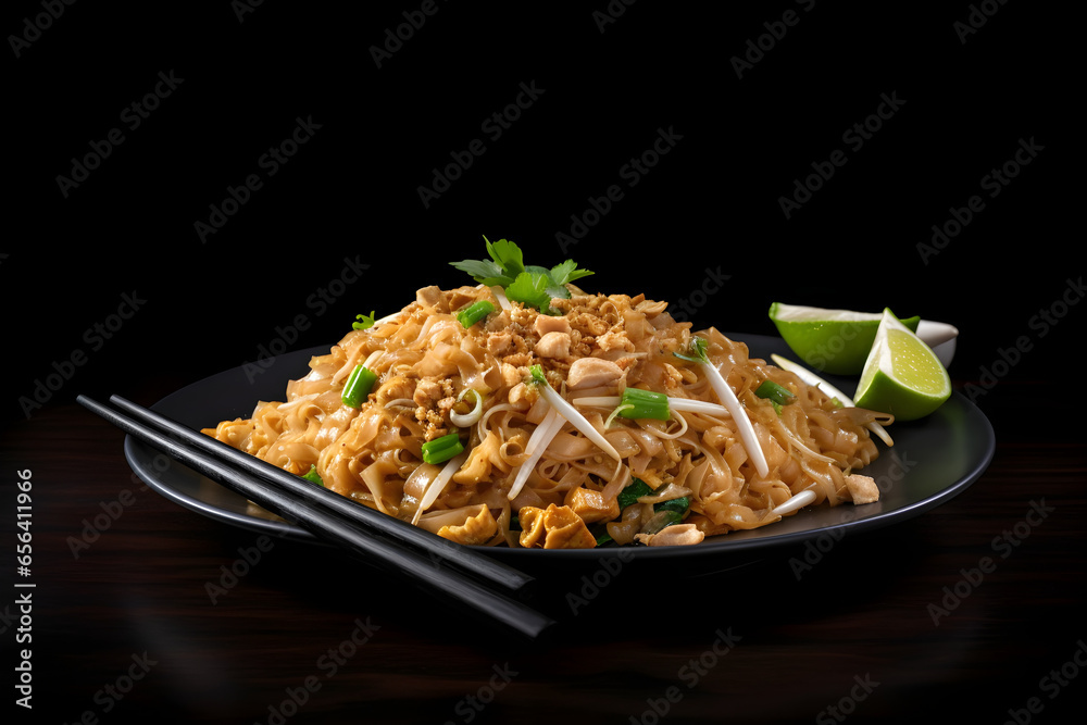 Pad Thai, Stir-fried noodles with chicken, peanuts and herbs on black background, food photography, product presentation, product display, banner background Pad Thai, Stir-fried noodles with chicken, peanuts and herbs on black background, food photography, product presentation, product display, banner background